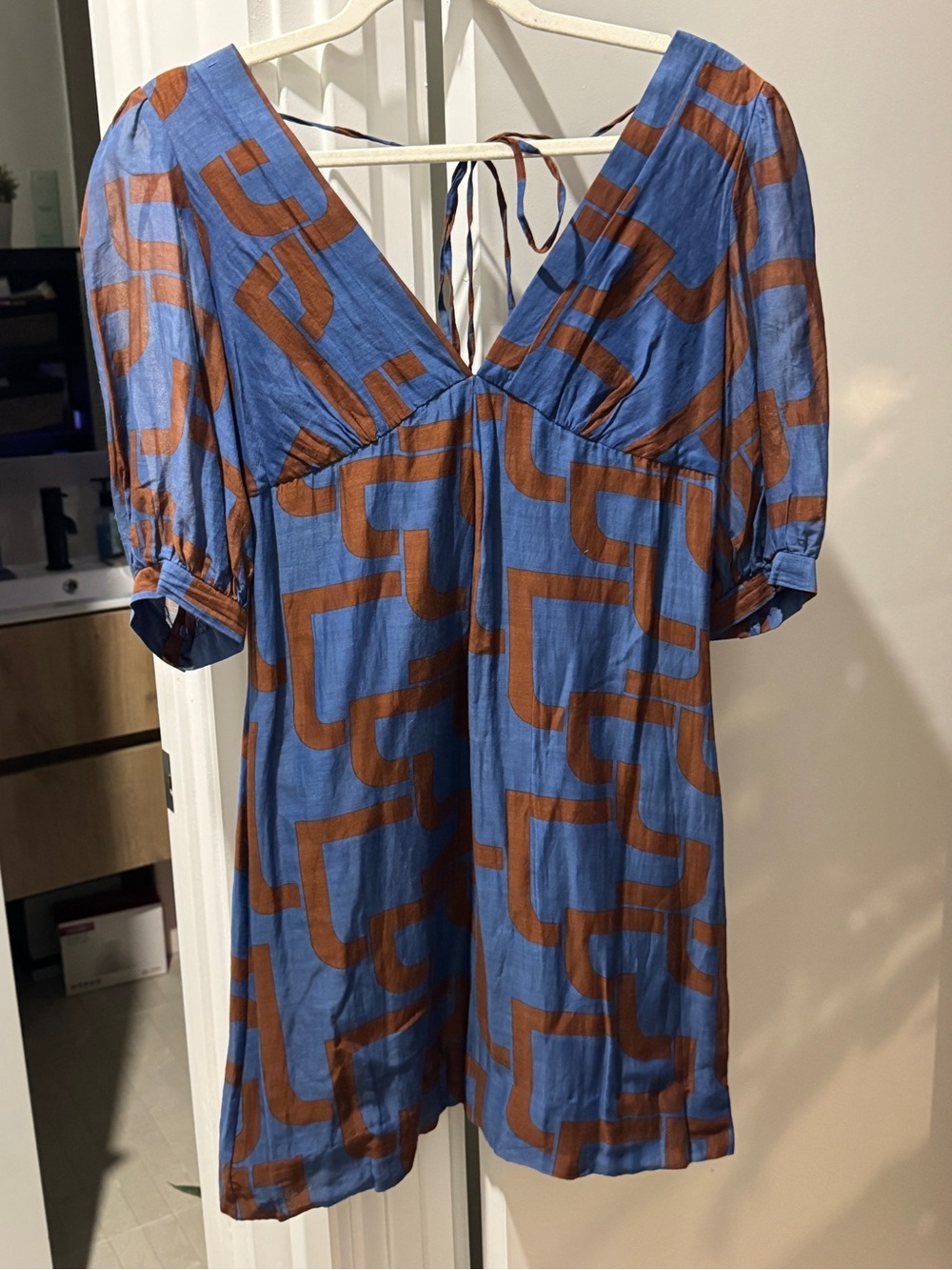 Tibi Blue and Brown Geometric V-Neck Women’s dress